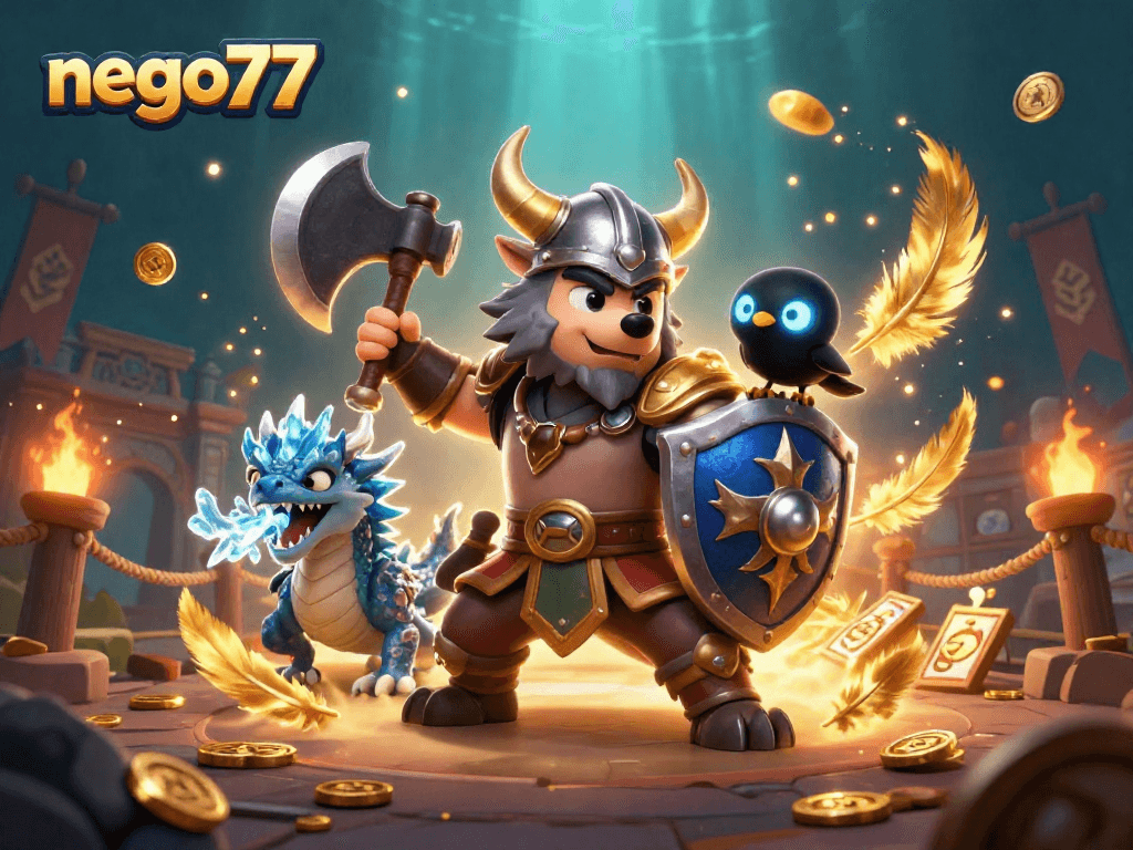 Nego77 showcases thrilling casino adventure with Viking warrior and fierce dragon in a vibrant 3D illustration.