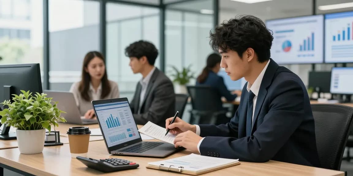 Escena de trabajo en oficina financiera mostrando análisis de pago etb pse y colaboración entre profesionales.