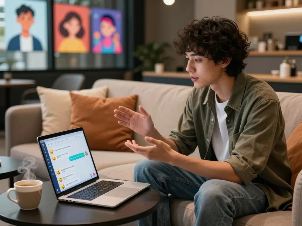 Engaging in ai porn chat in a cozy digital lounge with a stylish person and virtual AI companion.