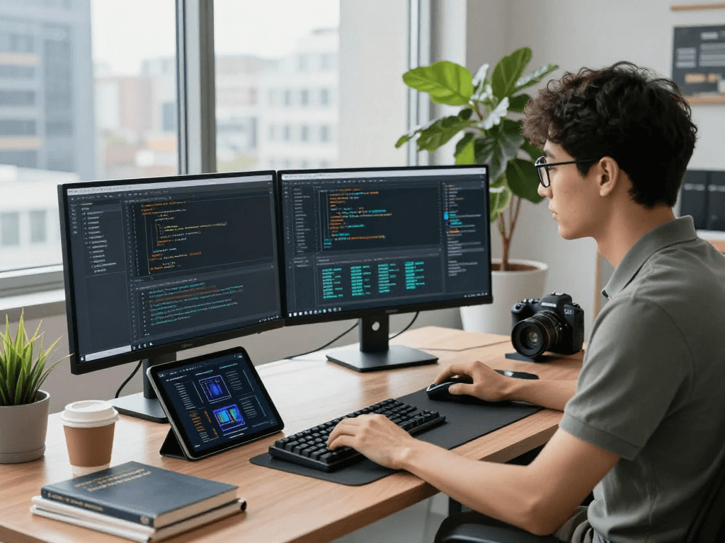 工程师在现代办公环境中使用WPS Office文档进行软件开发，双屏显示代码，专业且充满活力的工作空间。