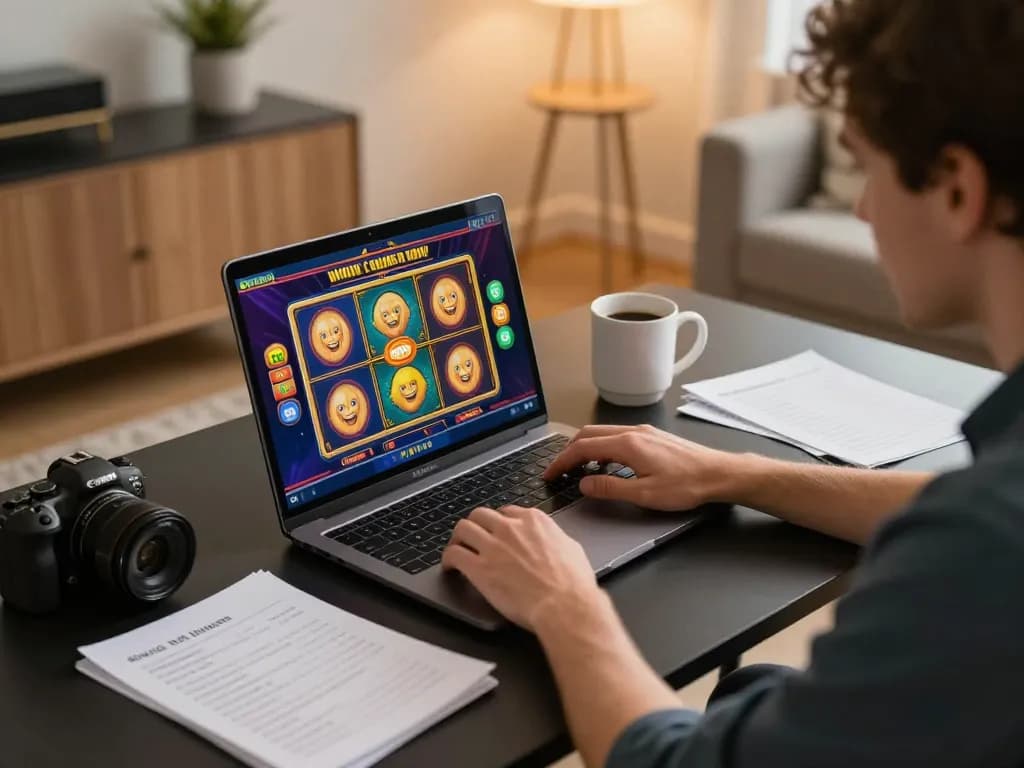 Player engaging with MM88 online casino slot game from home, showcasing excitement and strategic gameplay.