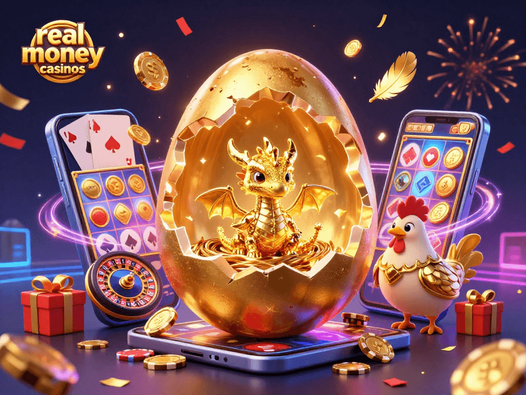 Engage with real money casinos featuring a golden dragon, poker chips, and vibrant slot games.