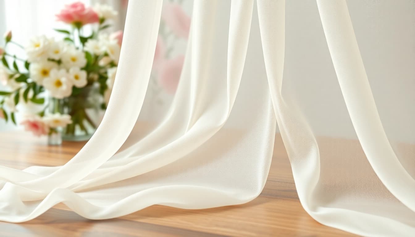Chiffon stof met elegante plooien en een delicate, transparante uitstraling.