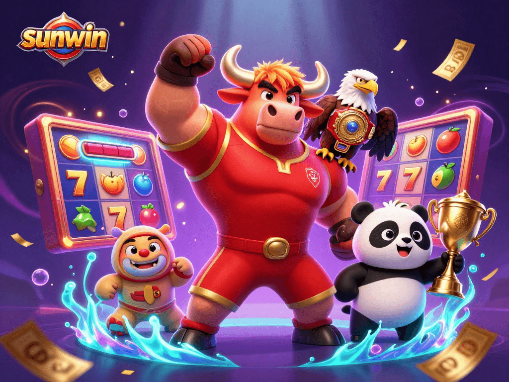 Sunwin brings excitement with a dynamic 3D casino scene featuring characters celebrating a big win.