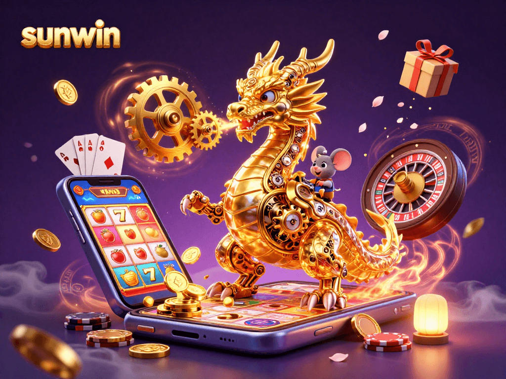 Catch thrilling slot spins with sunwin, featuring a golden dragon and colorful casino elements.