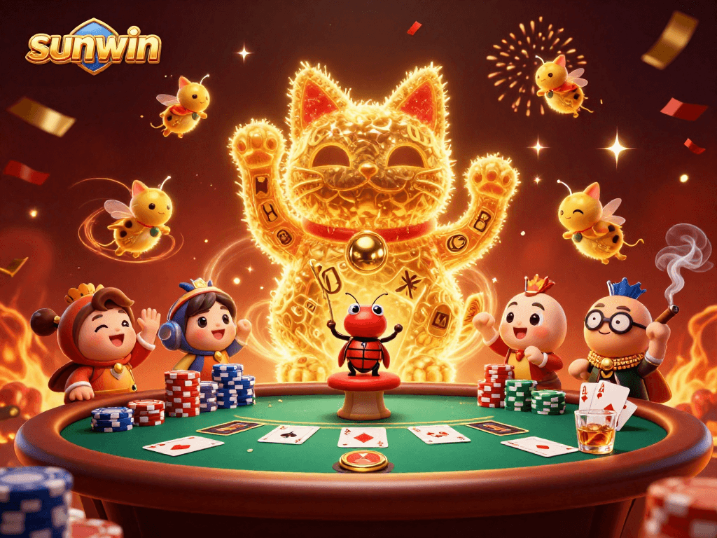 Join the excitement at sunwin with a cartoon lucky cat made of fireflies at a vibrant poker table.