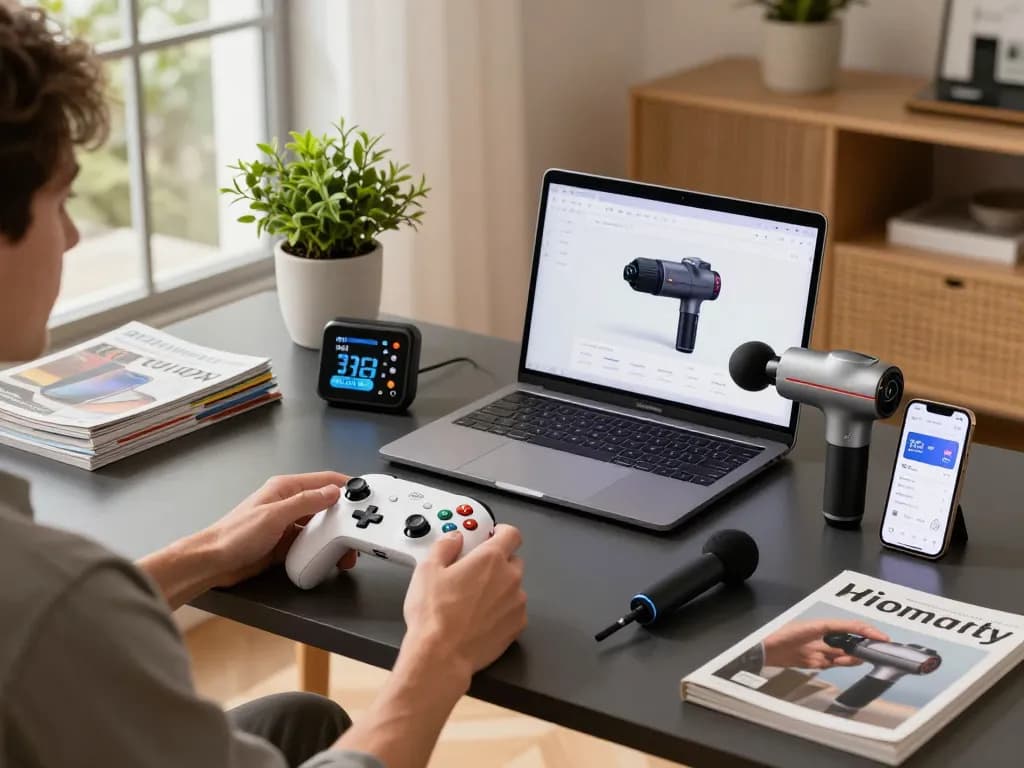 Exploring cool tech gadgets under $160 in a modern workspace with a laptop, controller, and massage gun.