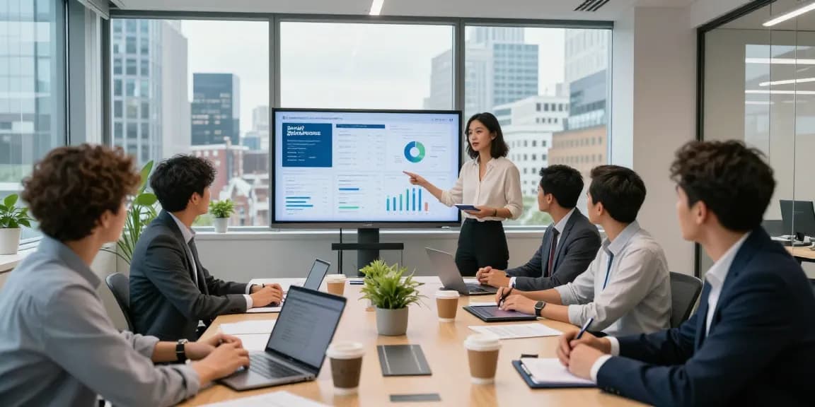 IT support for small business London team collaborating in a modern office setting with data presentation and laptops.