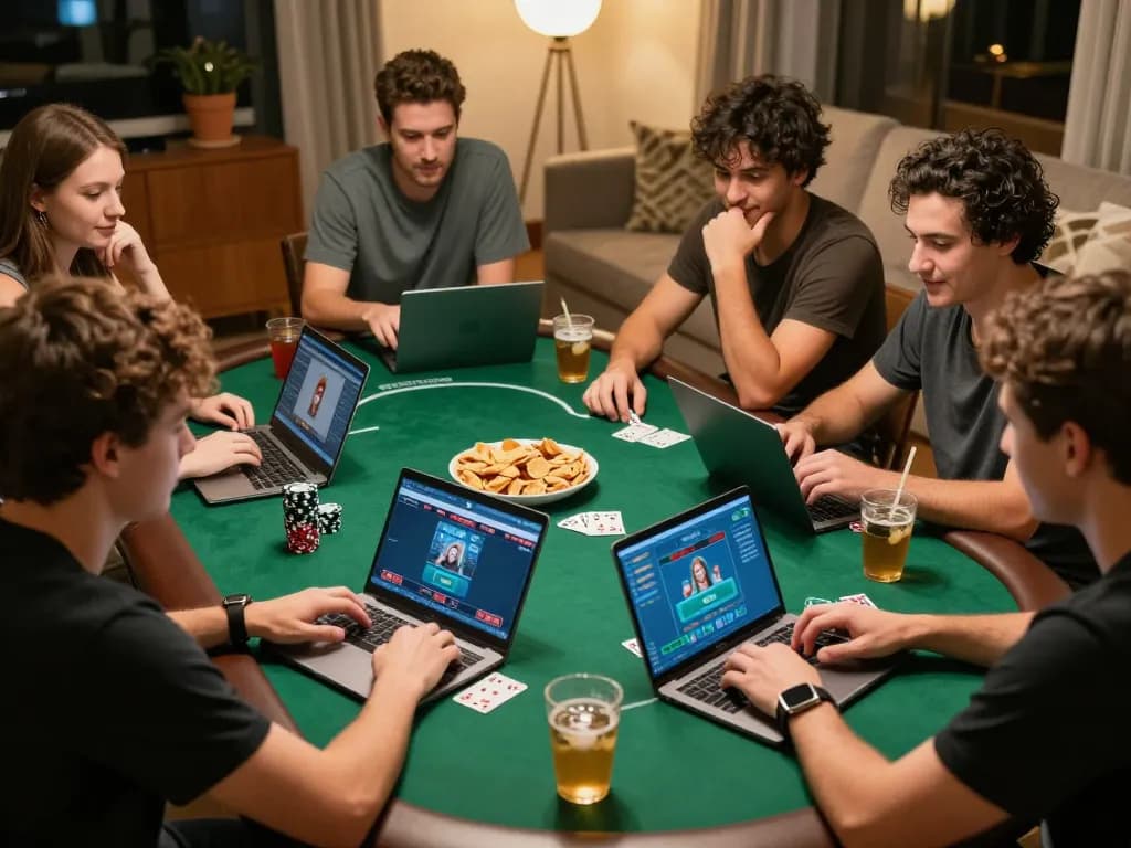 Togel hari ini action as friends engage in an online poker game at home, showcasing strategy and camaraderie.