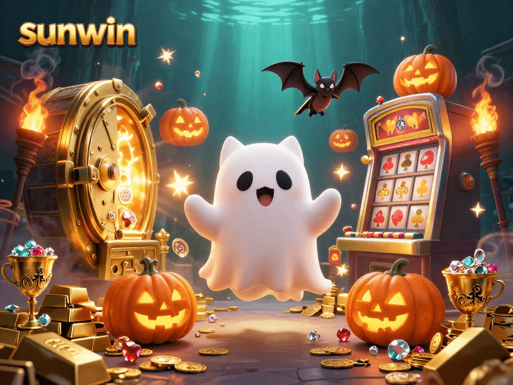 Engage in thrilling wins at sunwin with ghostly excitement in a vibrant casino scene.