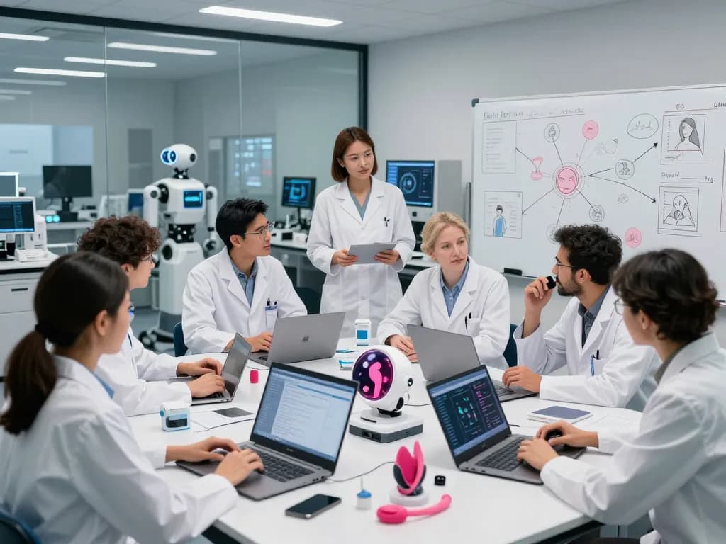 Engaging researchers discussing ai sex technology in a modern lab setup