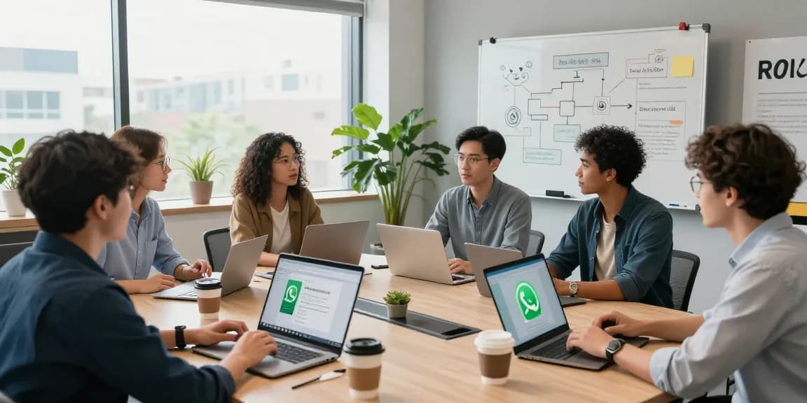 Team collaborating on WhatsApp電腦版 in modern office setting, showcasing effective communication.
