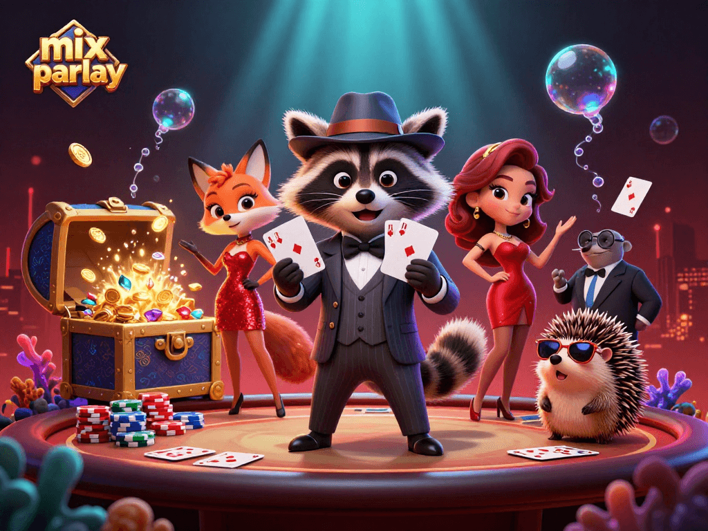 Engage in mix parlay excitement with a suave raccoon, stylish fox, and a hedgehog at a vibrant poker scene.