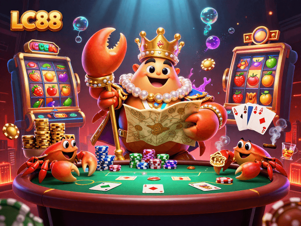 LC88 showcases vibrant entertainment with a golden crab emperor in a dynamic casino atmosphere.