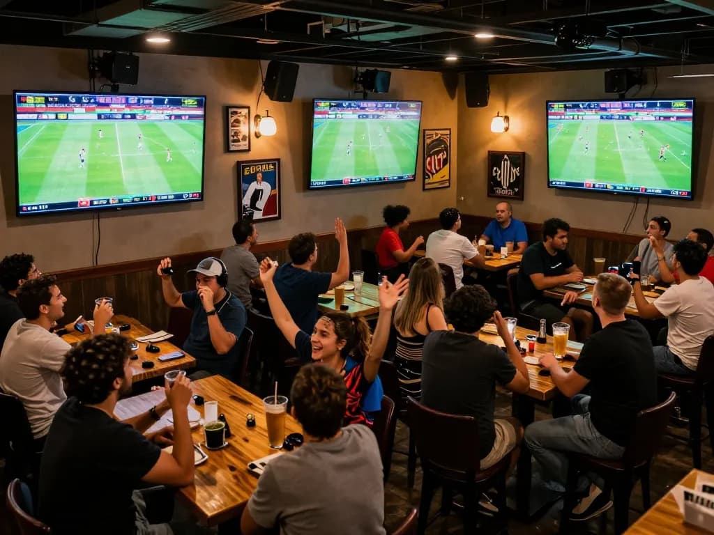 Fans celebrating at a sports bar while betting on worldcup2026 matches, drinks and screens in view.