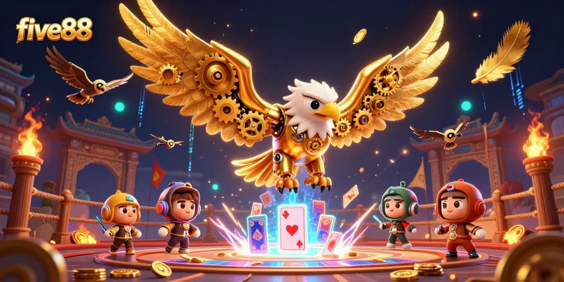 Experience the excitement of five88 as the golden eagle dives through a flurry of holographic playing cards.