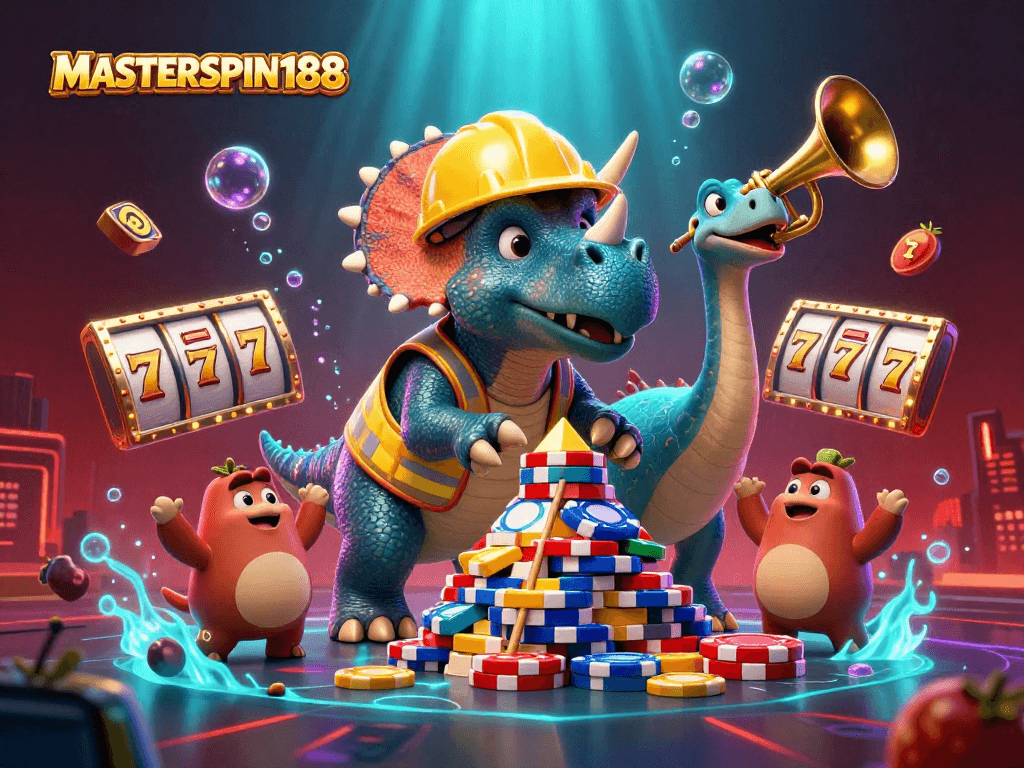 Engage in thrilling casino fun at MASTERSPIN188 with cartoon dinosaurs celebrating and building poker chip towers.