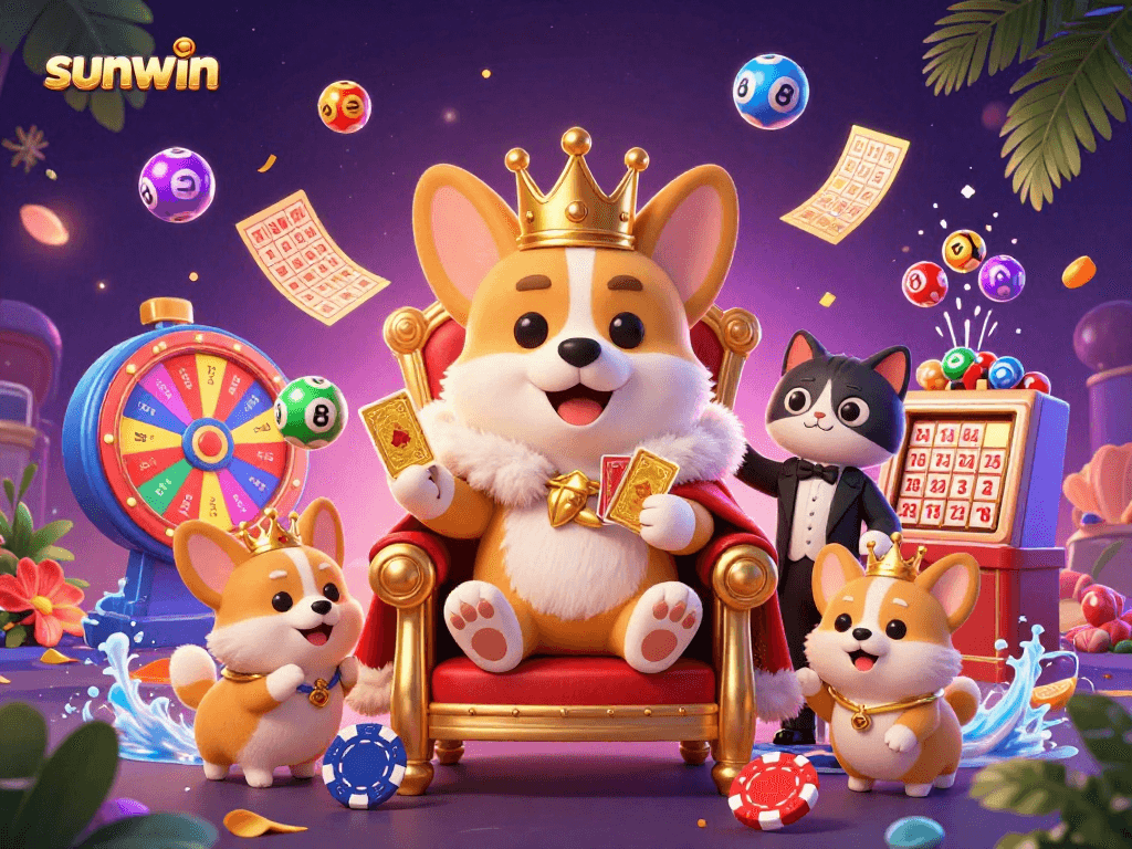 sunwin showcases vibrant lottery excitement with royal corgi surrounded by golden tickets and colorful balls