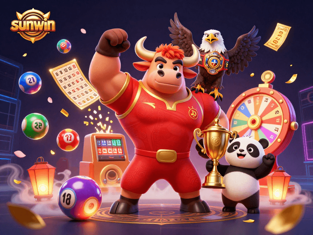 Win big with sunwin amidst dynamic lottery elements and cheerful mascots celebrating!