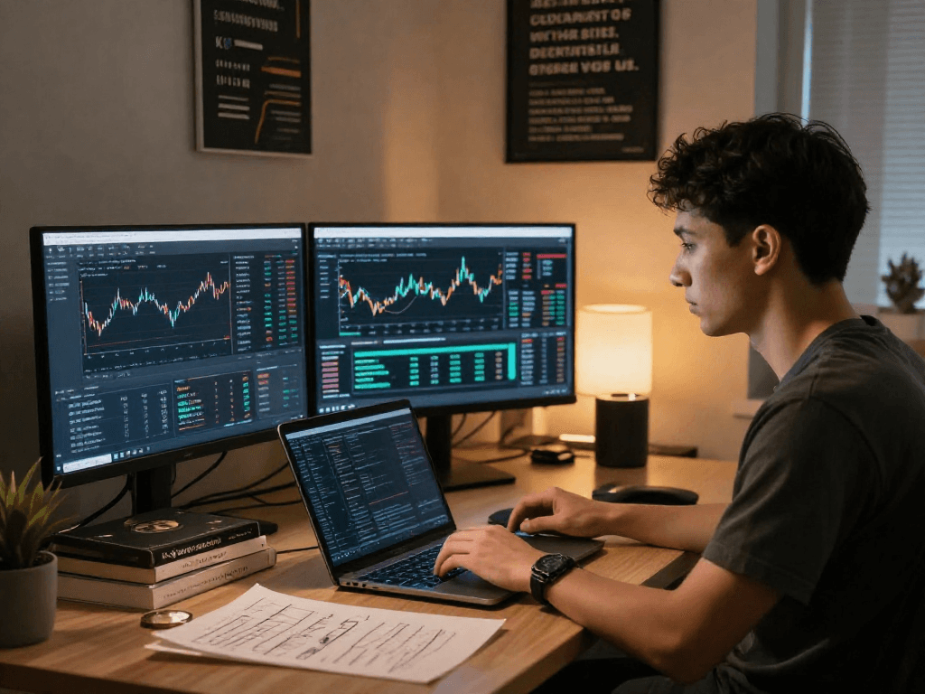 Focused trader analyzing Kyber-Swap data in a modern workspace