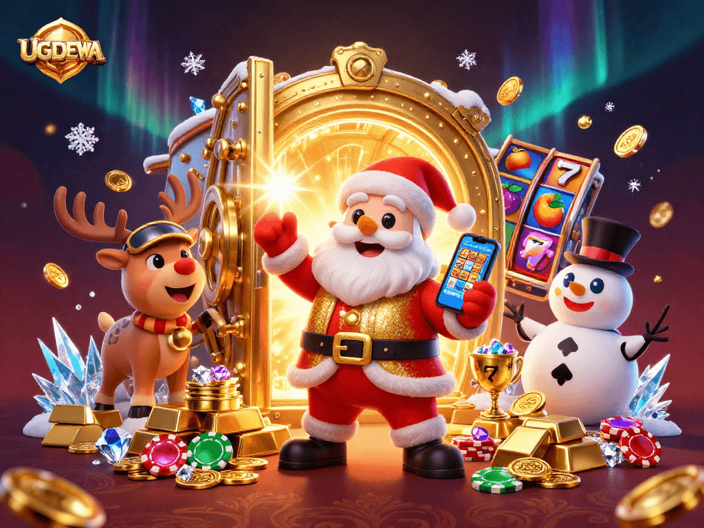 Spin the reels with UGDEWA as Santa and friends showcase jackpot slots in a golden casino.
