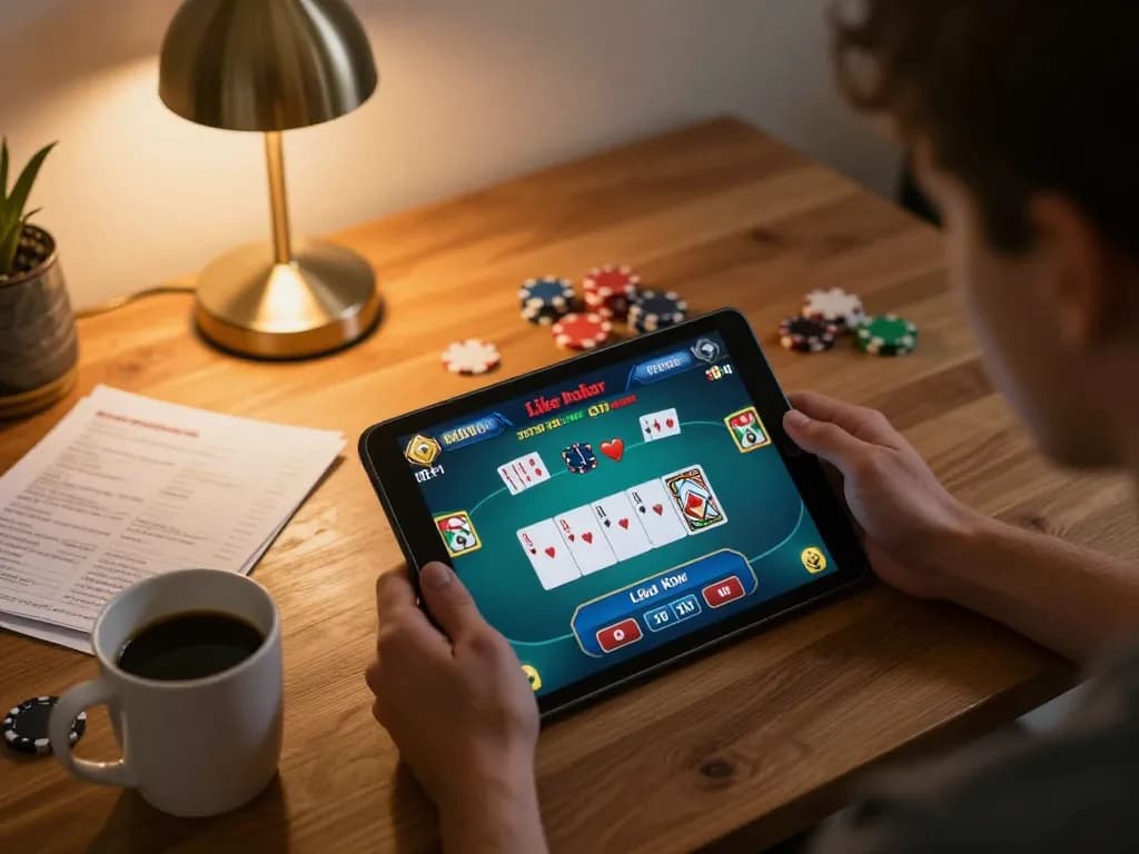 prisonersofthecrown player enjoying online poker game from home, showcasing strategic gameplay.