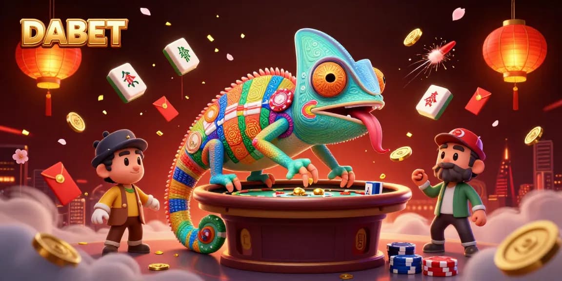 DABET casino owner chameleon snatches golden coins among vibrant gaming elements.