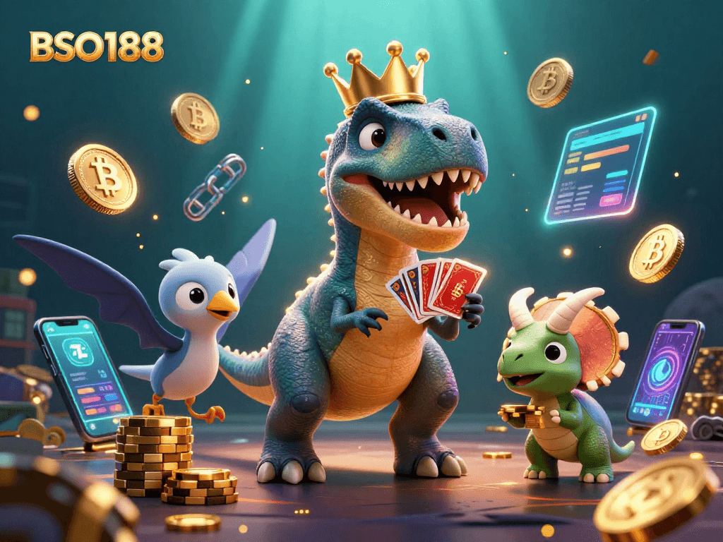 Engage with BSO188 as a cartoon T-Rex shuffles cards while a triceratops stacks chips in a vibrant casino scene.