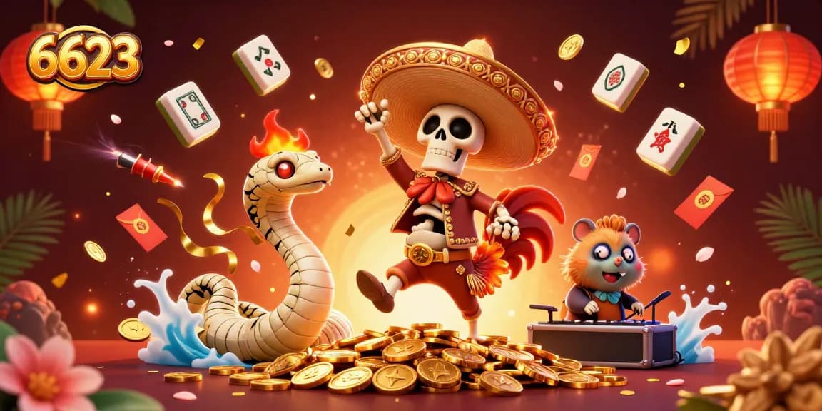 Celebrate big wins with 6623 as a skeleton mariachi dances among golden coins and festive casino elements.