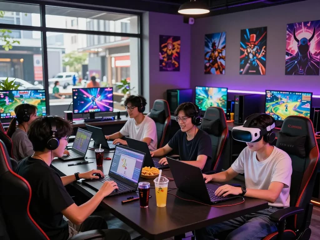 Friends enjoying an exciting gaming session at www.mantra88.com gaming lounge with vibrant graphics.