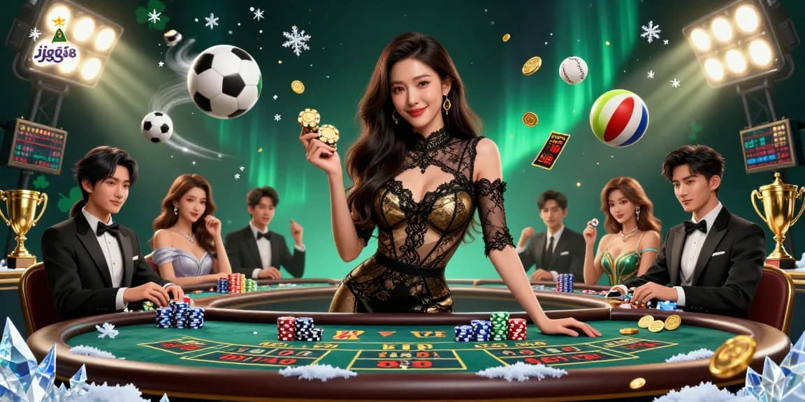 Experience high-stakes action with jjgg88 at an exclusive baccarat table, surrounded by vibrant sports elements.