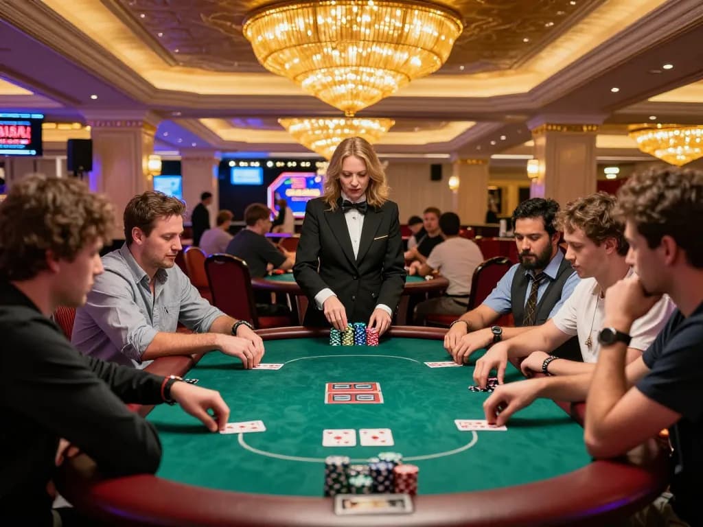 Sunwin players strategizing at a high-stakes poker table in a vibrant Las Vegas casino