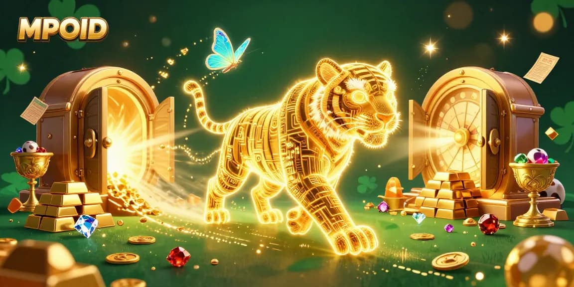 MPOID showcases a vibrant lottery scene with a golden tiger amidst riches and prize elements.
