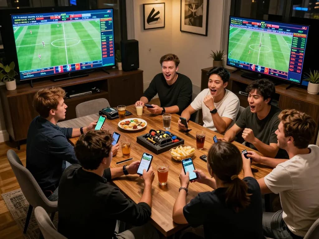 Friends engaging in sports betting using keonhacaii88 app while watching matches live on TV.