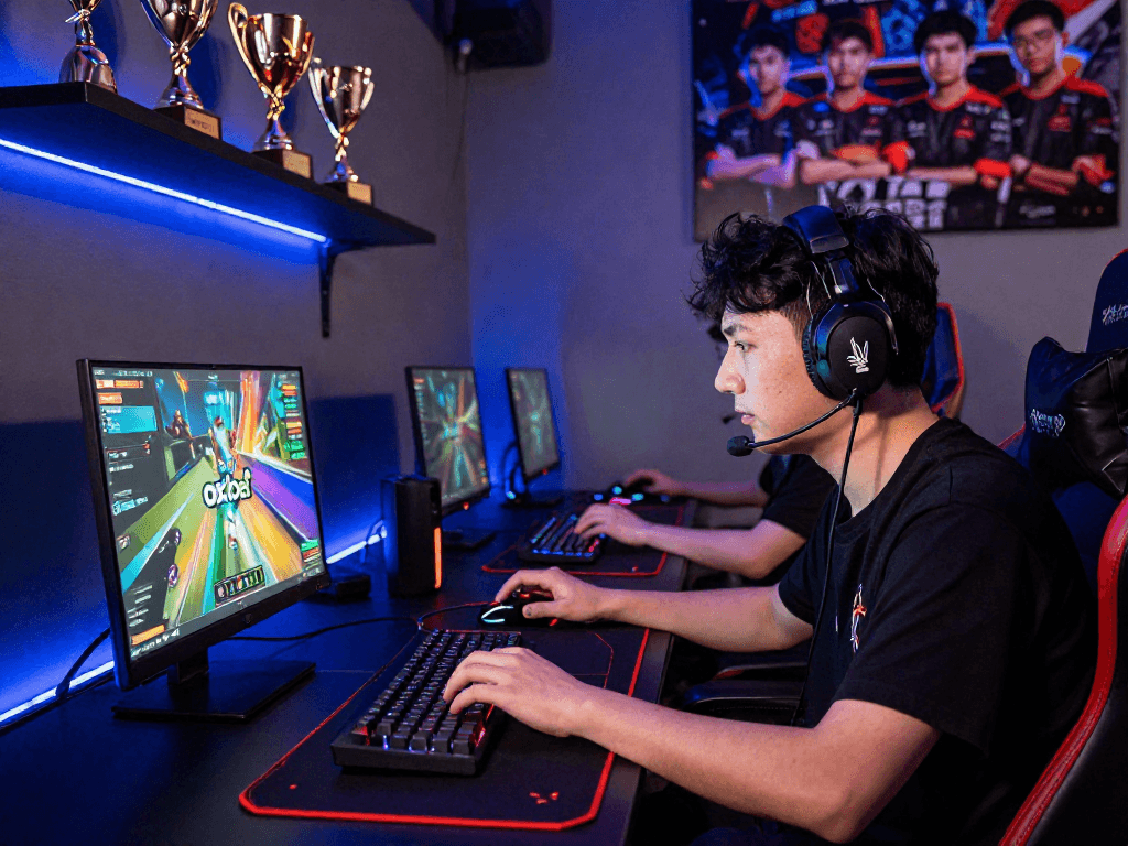 Intense gamer immersed in esports with oxbet logo on laptop