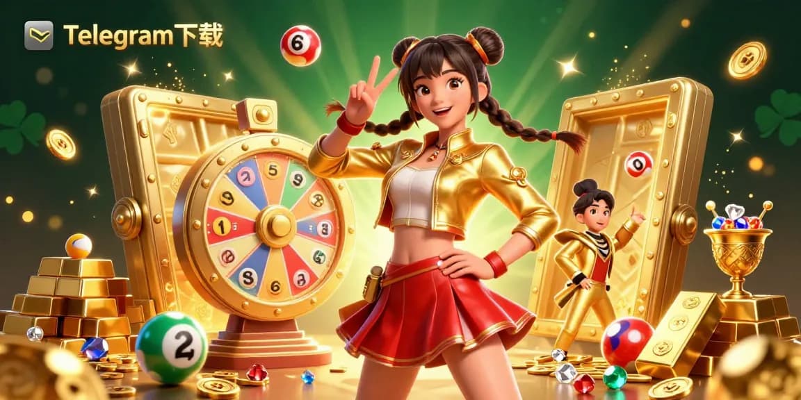 体验 Telegram下载,充满生机的赌场元素和一个在宝藏场景中比出和平手势的动态角色。
