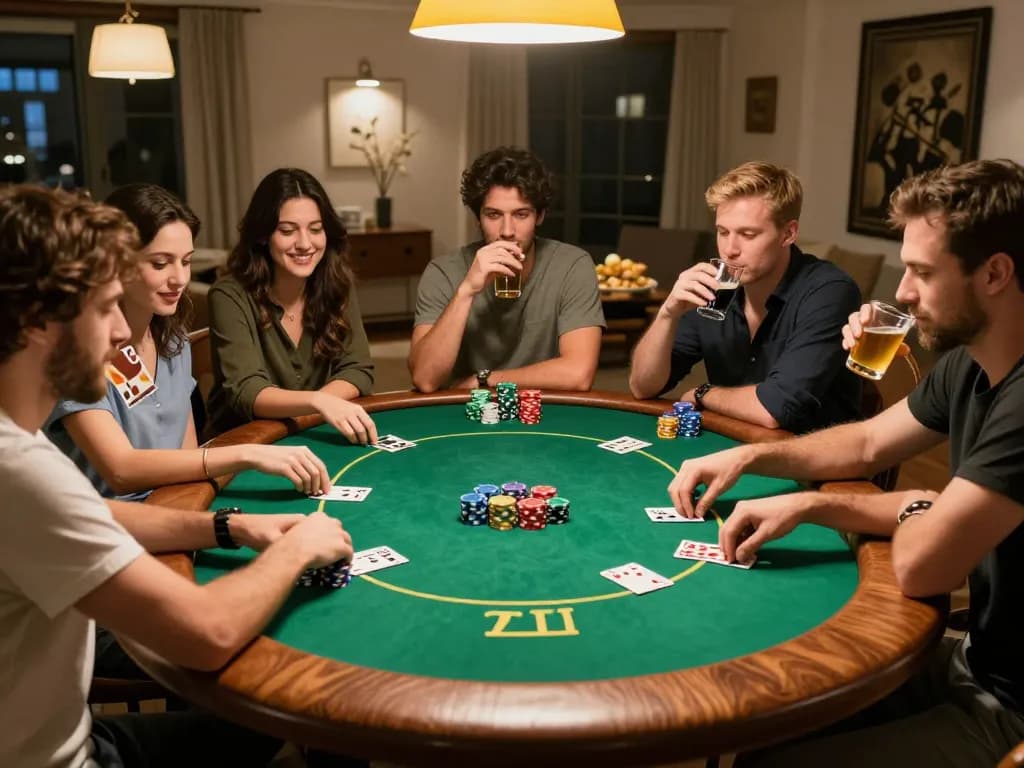 Schoeneckhotel poker night scene showcasing friends engaging in strategic gameplay with colorful chips.