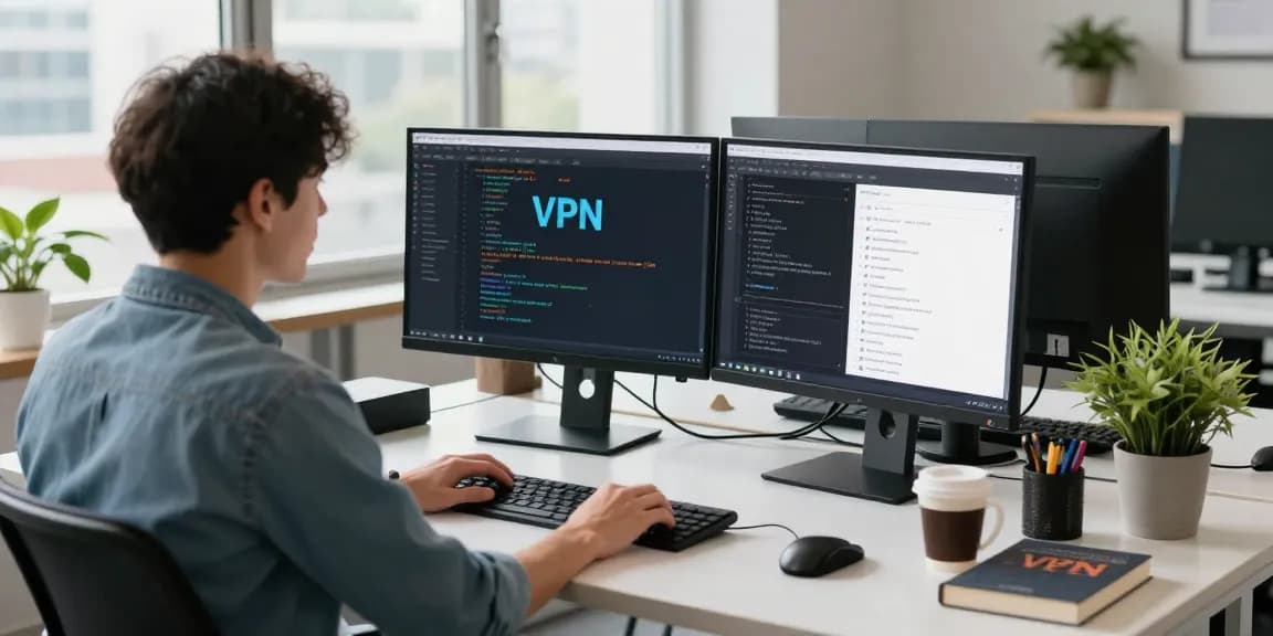 快速下载QuickQ VPN应用的专业开发环境,展示软件开发人员专注于编程,坐在现代办公桌前,周围有咖啡和植物。