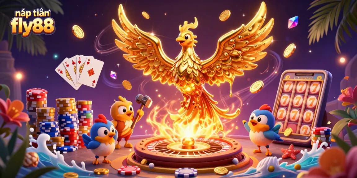 Engage in nạp tiền fly88 with a vibrant 3D casino scene featuring golden phoenix and dynamic game elements.