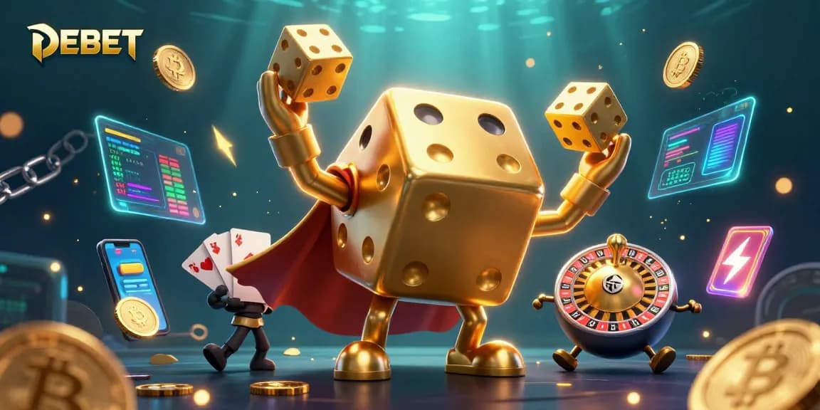 Engage with DEBET's thrilling casino experience showcasing dynamic characters juggling dice and currency elements.