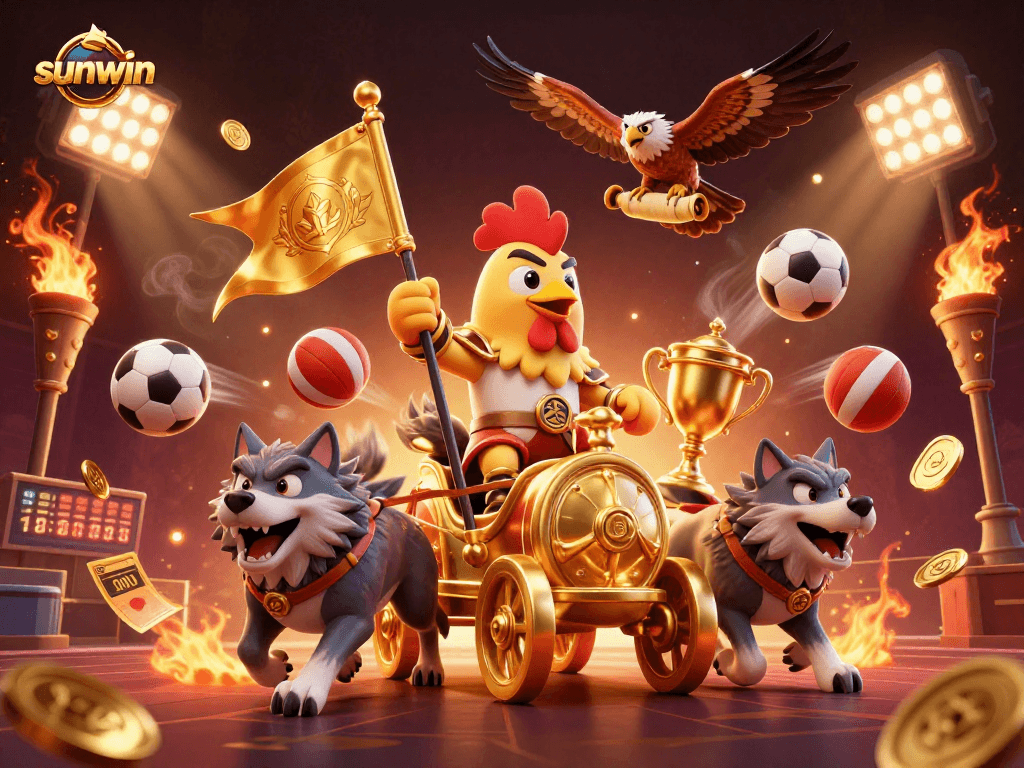 Experience thrilling gameplay at sunwin with a dynamic scene featuring a rooster warlord and sports elements.