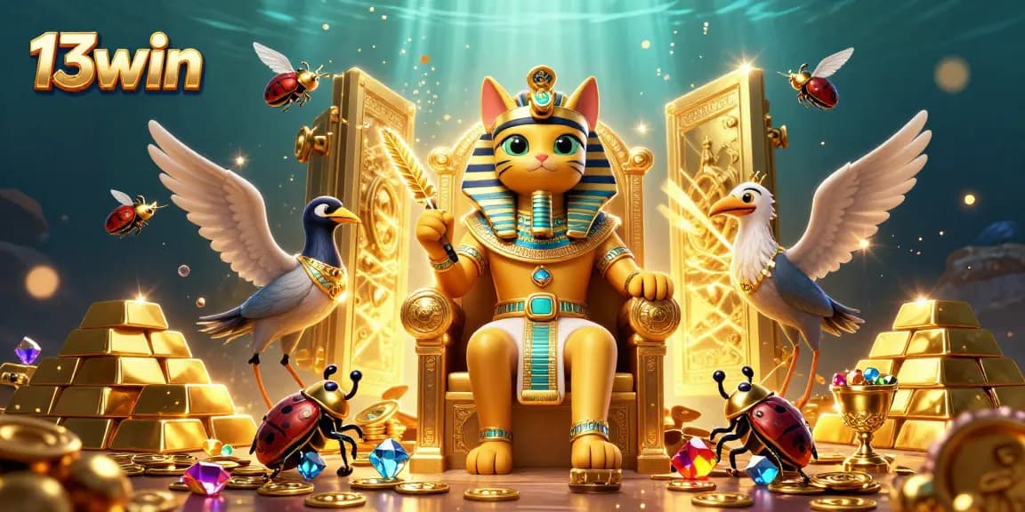 Engage with 13win's thrilling casino adventure featuring a vibrant Egyptian-themed treasure scene.