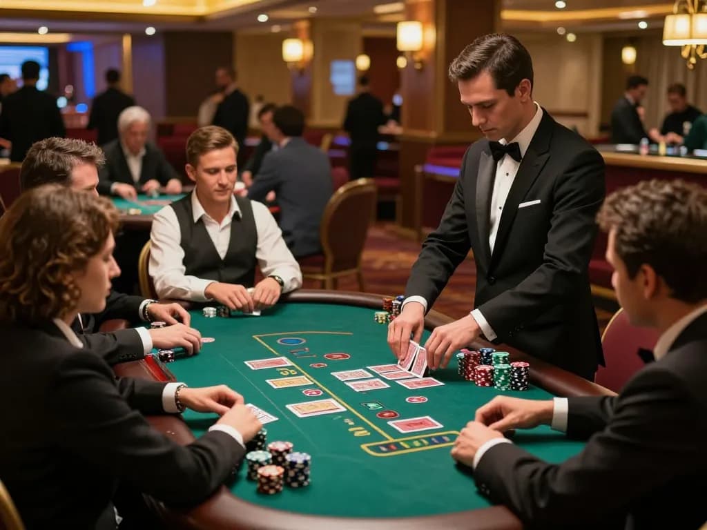 Engaging gameplay at rokok88 blackjack table, players betting with anticipation in upscale casino.