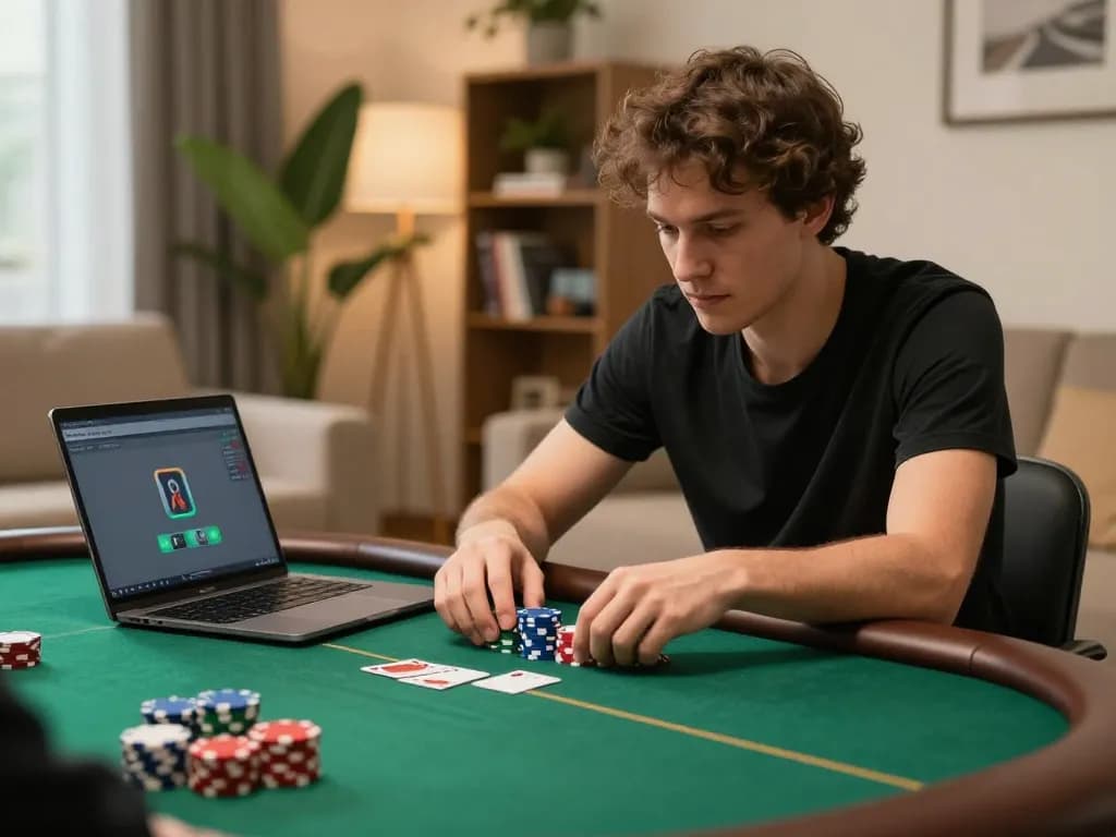 Player engaging in an online poker game on a laptop at home, using pmtsoap for strategic betting insights.