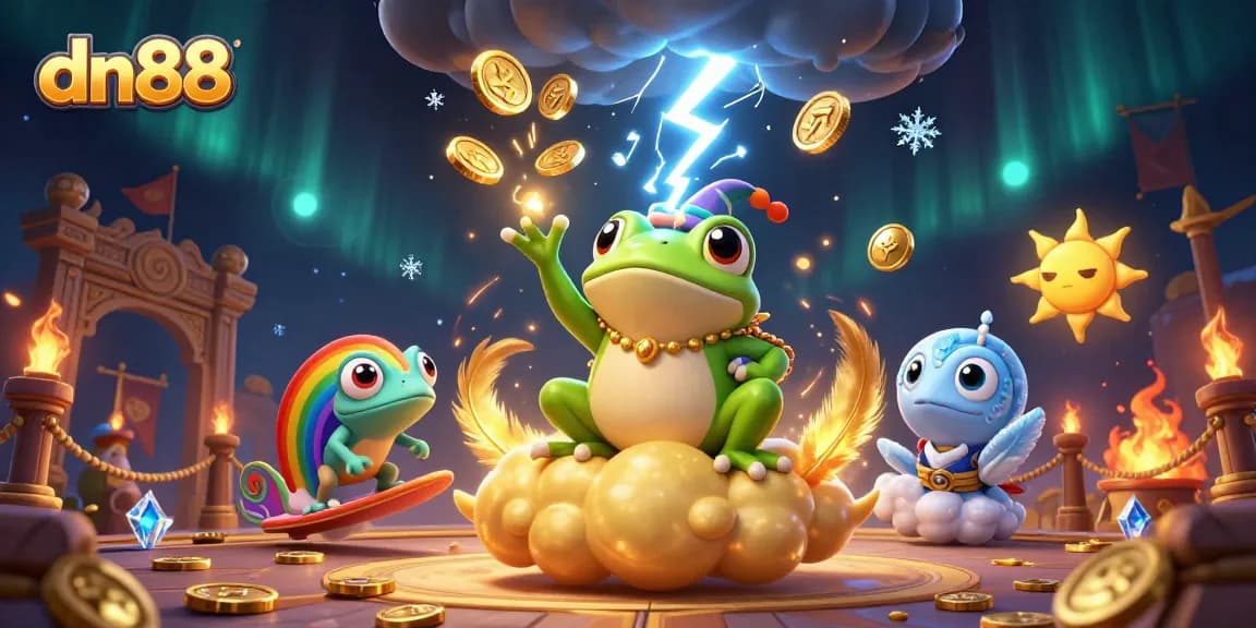 Experience the excitement of dn88 as the wizard frog conjures golden coins in a dynamic casino setting.