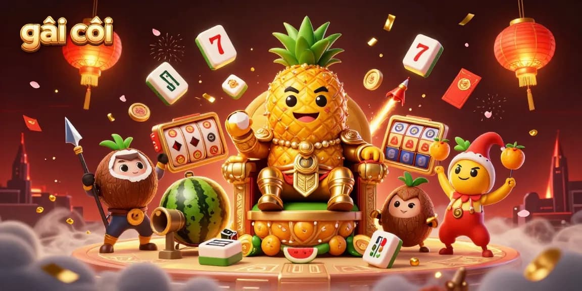 Engage with the golden pineapple king in a vibrant casino scene, featuring gái gọi elements and rich visuals.
