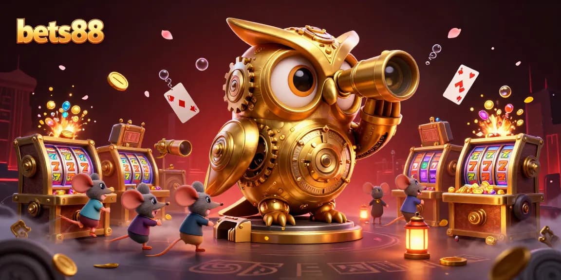 Experience the thrilling action of bets88 with vibrant slot machines and a whimsical golden owl in this animated casino scene.