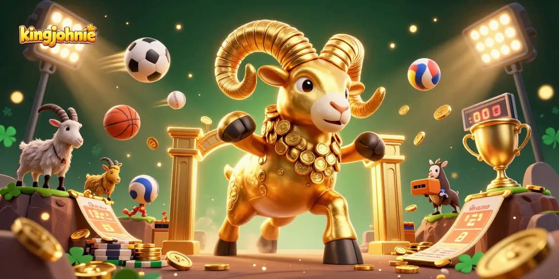 Win big with kingjohnnie as golden ram charges through dynamic sports betting scene featuring trophies, sports balls, and coins.