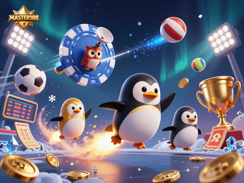 Experience thrilling games at MASTER188 with a vibrant 3D illustration of a winning penguin, sports elements, and dazzling effects.