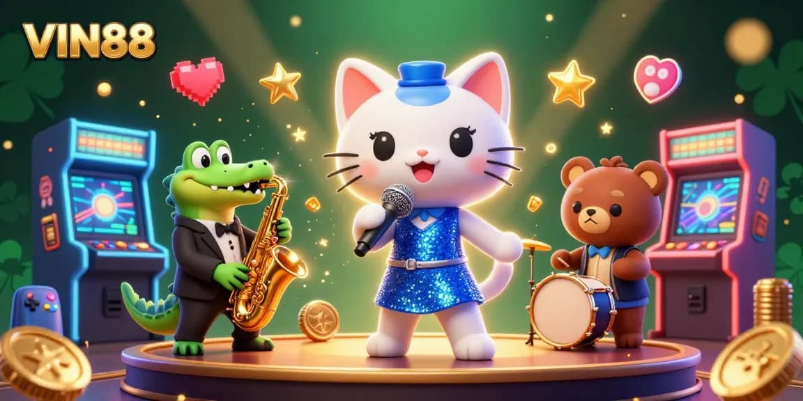 Experience the vibrant entertainment of VIN88 with a whimsical jazz cat, a cool croc, and a drum bear, immersed in colorful gaming.